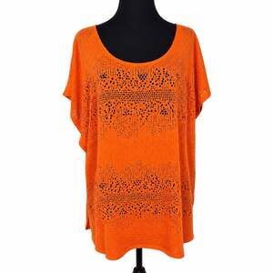Chaus Sport Orange Fishnet Mesh Stretch Short Sleeve Cover Up Top Womens Size XL